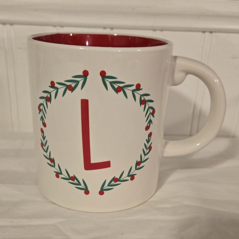 Holiday Home Christmas Mug - "L" with Holly Wreath